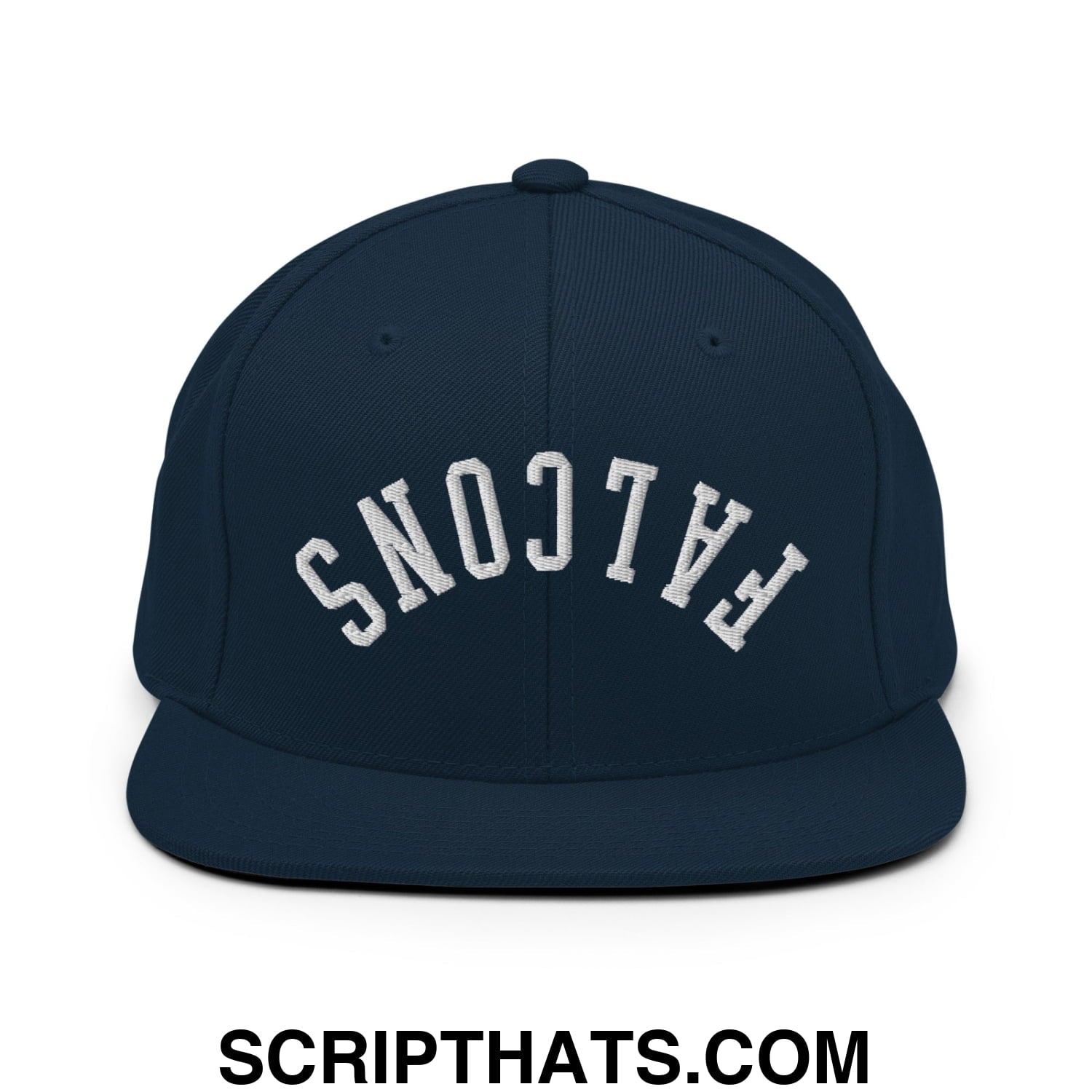 Navy blue snapback hat with white embroidered falcons lettering in an arched design and flat bill brim