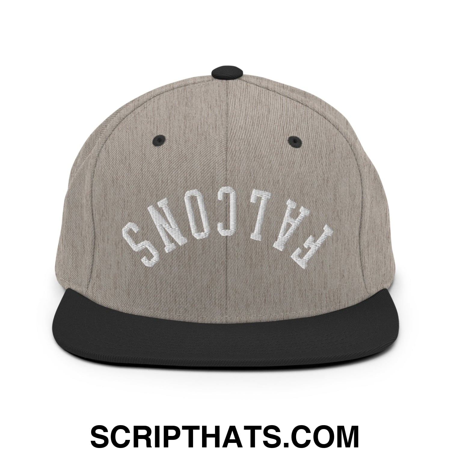 Gray and black snapback hat with white embroidered falcons lettering and flat bill brim in upside down design