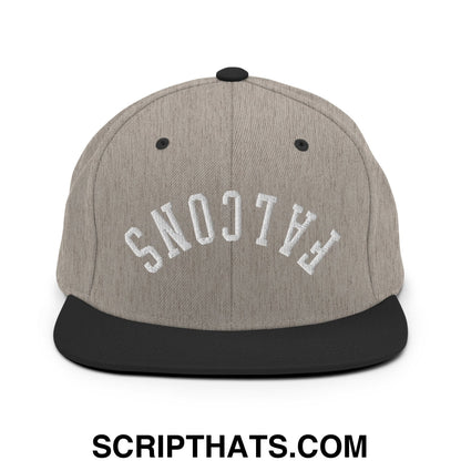 Gray and black snapback hat with white embroidered falcons lettering and flat bill brim in upside down design