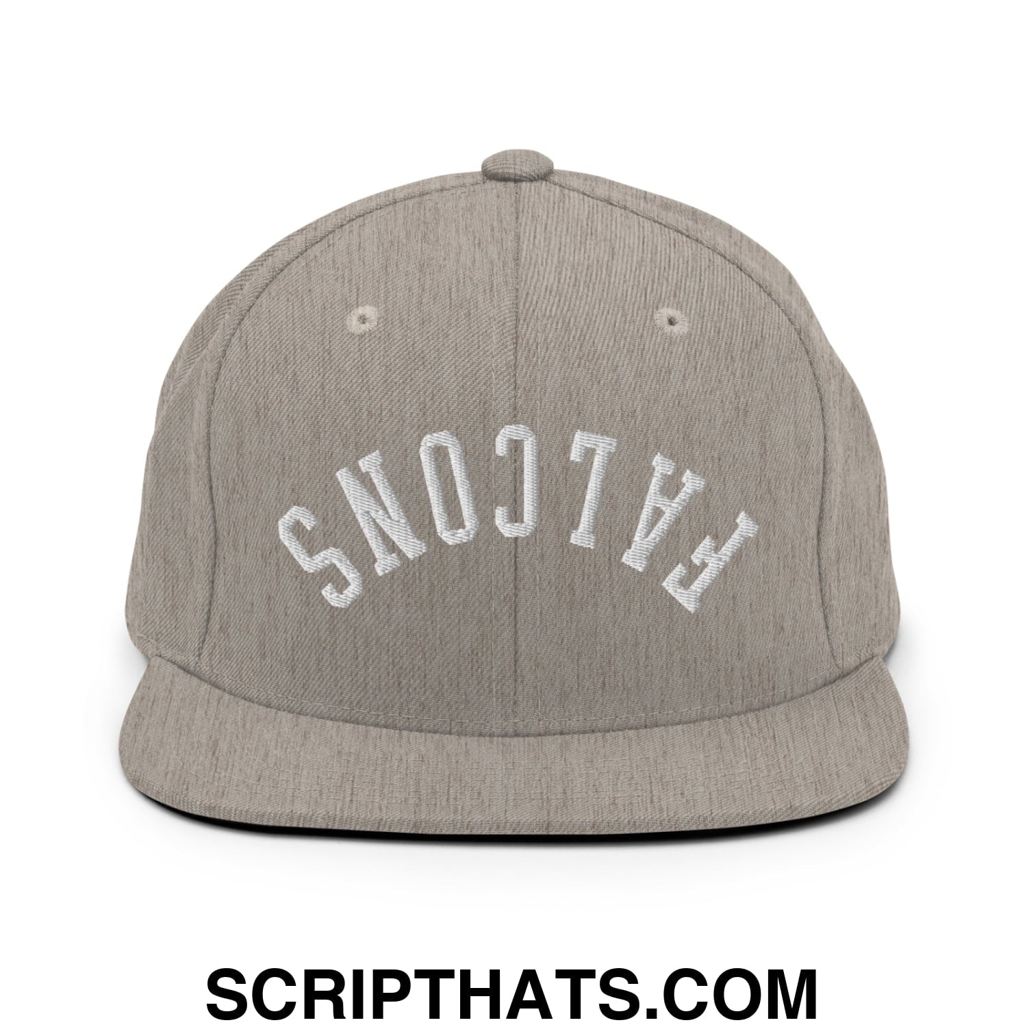Gray heather snapback hat with white embroidered falcons lettering and flat bill brim for casual wear