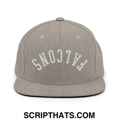 Gray heather snapback hat with white embroidered falcons lettering and flat bill brim for casual wear