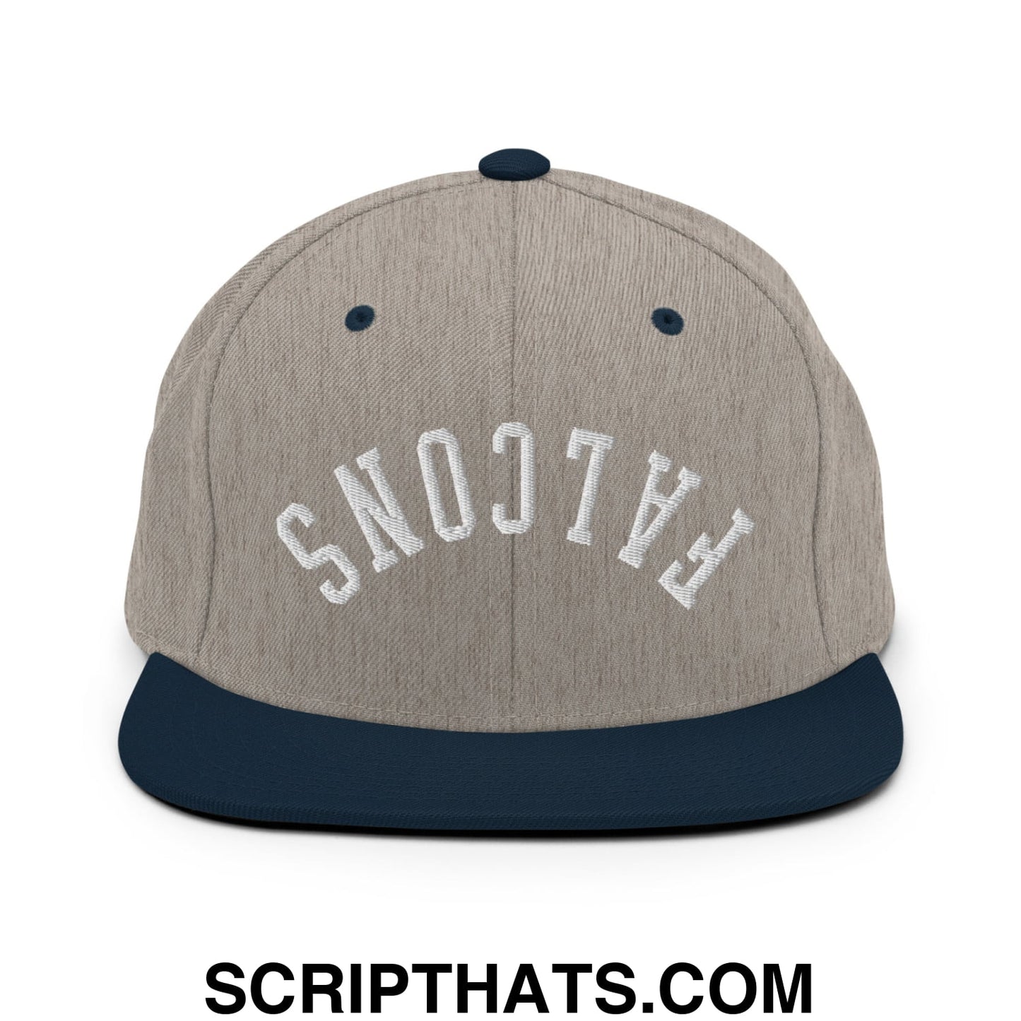 Gray and navy blue snapback hat with falcons embroidered in white arched lettering on flat bill brim