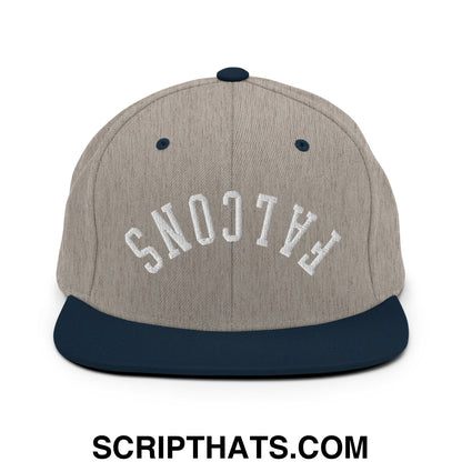 Gray and navy blue snapback hat with falcons embroidered in white arched lettering on flat bill brim