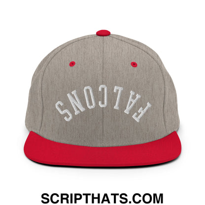 Gray and red snapback hat with white falcons embroidery and flat bill brim for casual wear