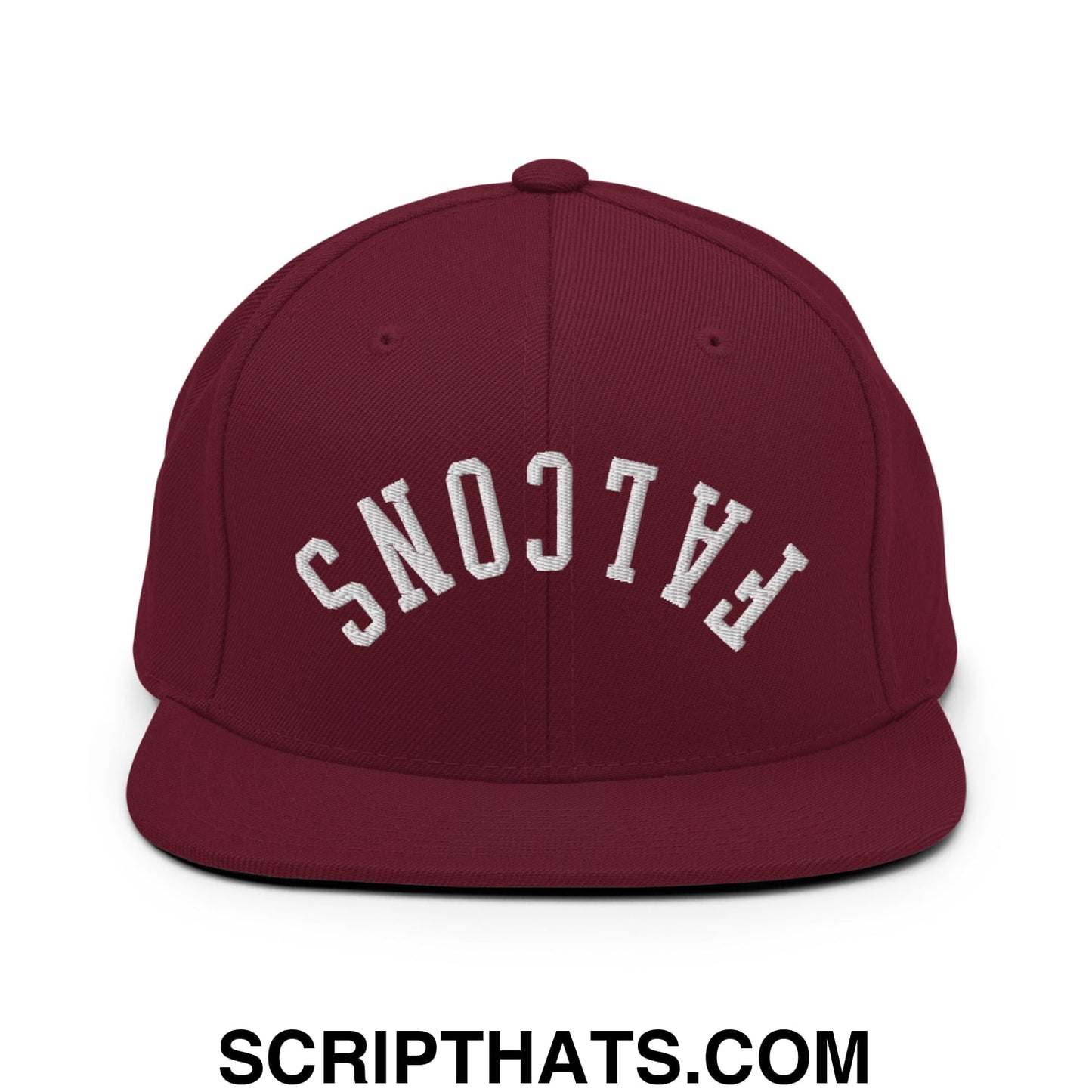Maroon snapback hat with white embroidered upside down falcons lettering and flat bill brim design