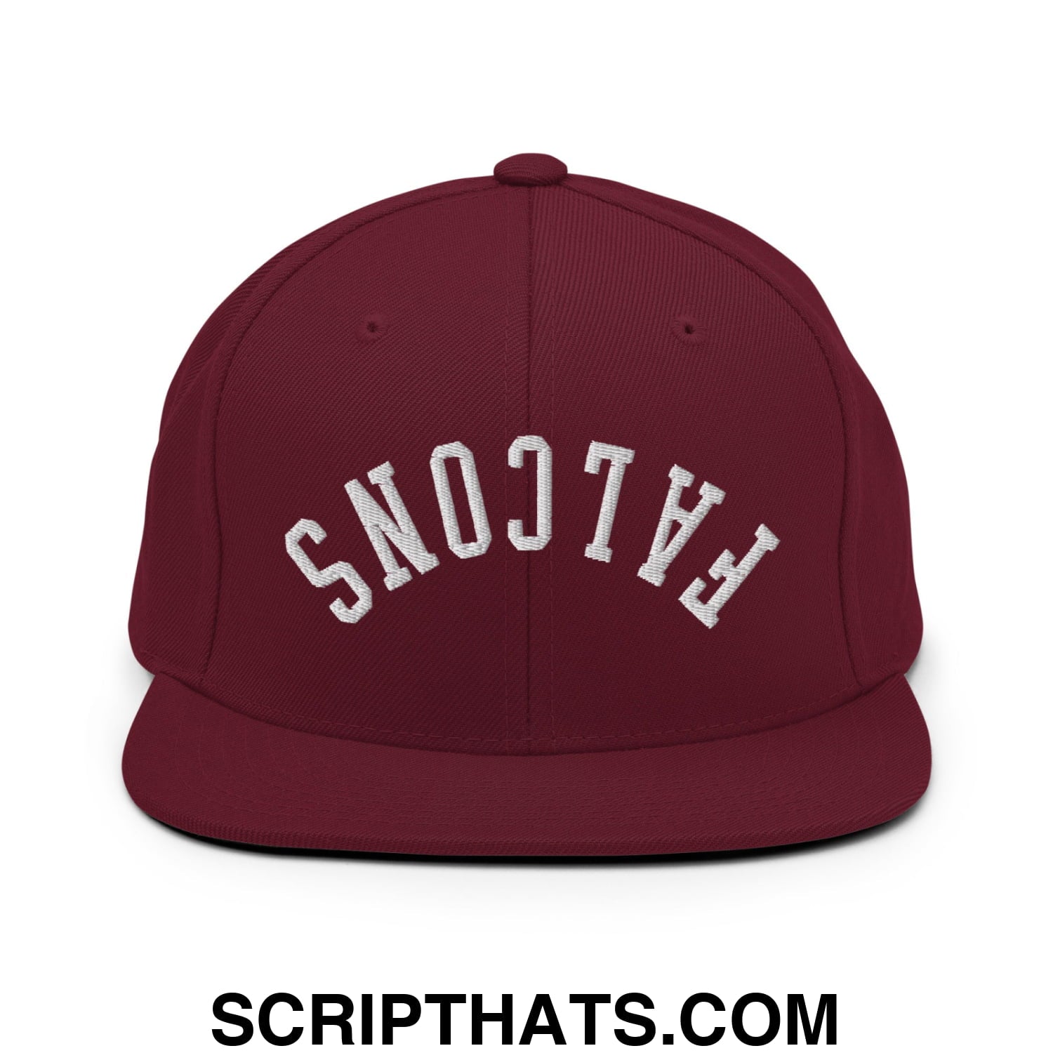 Maroon snapback hat with white embroidered upside down falcons lettering and flat bill brim design