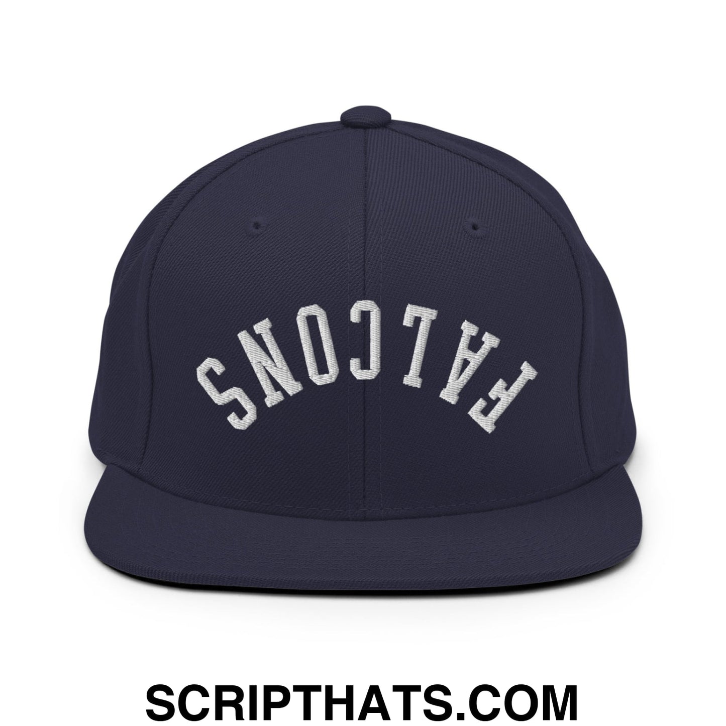 Navy blue snapback hat with white embroidered falcons lettering and a flat bill brim in an arched design
