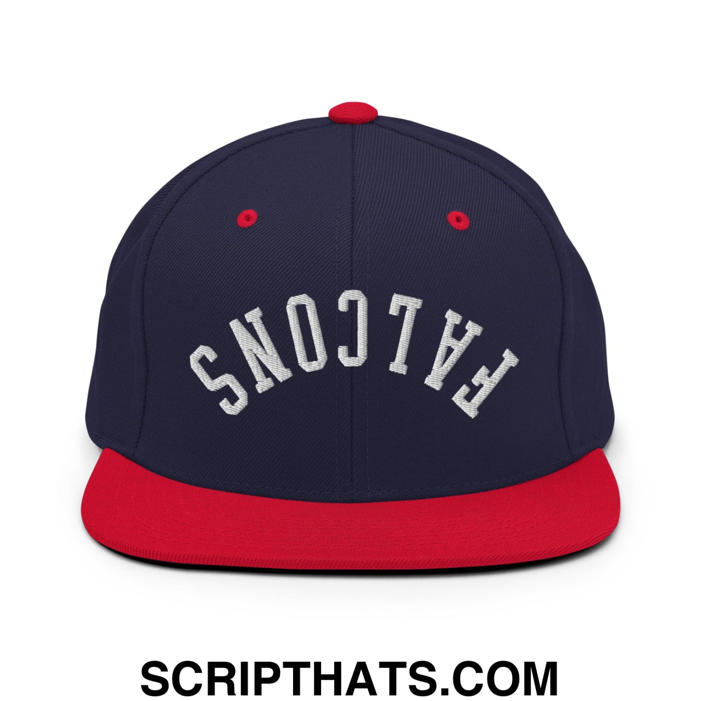 Navy blue and red snapback hat with white embroidered falcons lettering and flat bill brim design