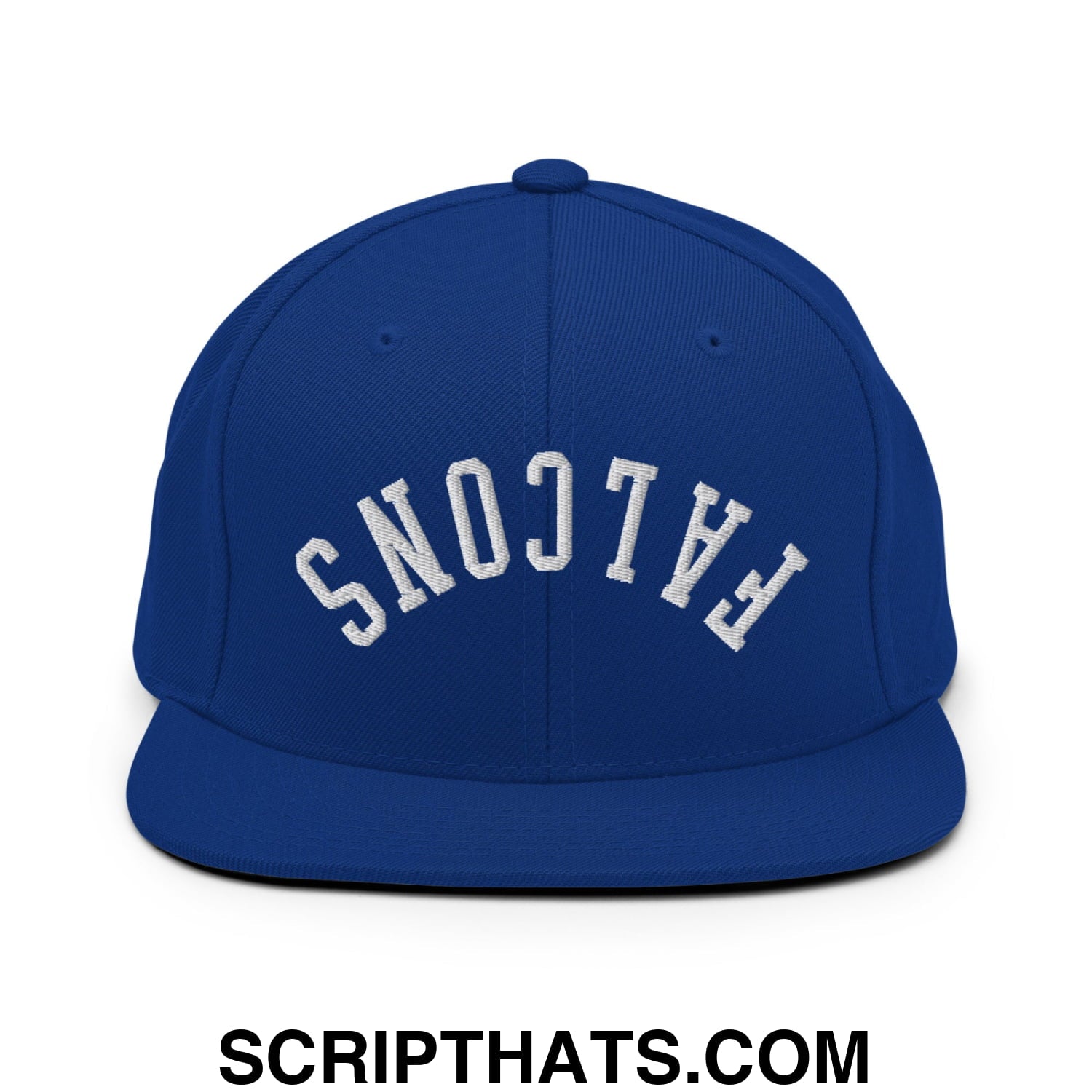 Royal blue flat bill brim snapback hat with white embroidered falcons lettering in an arched design