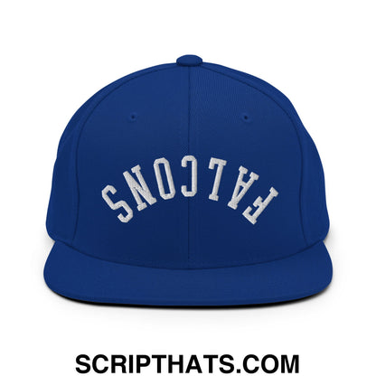 Royal blue flat bill brim snapback hat with white embroidered falcons lettering in an arched design