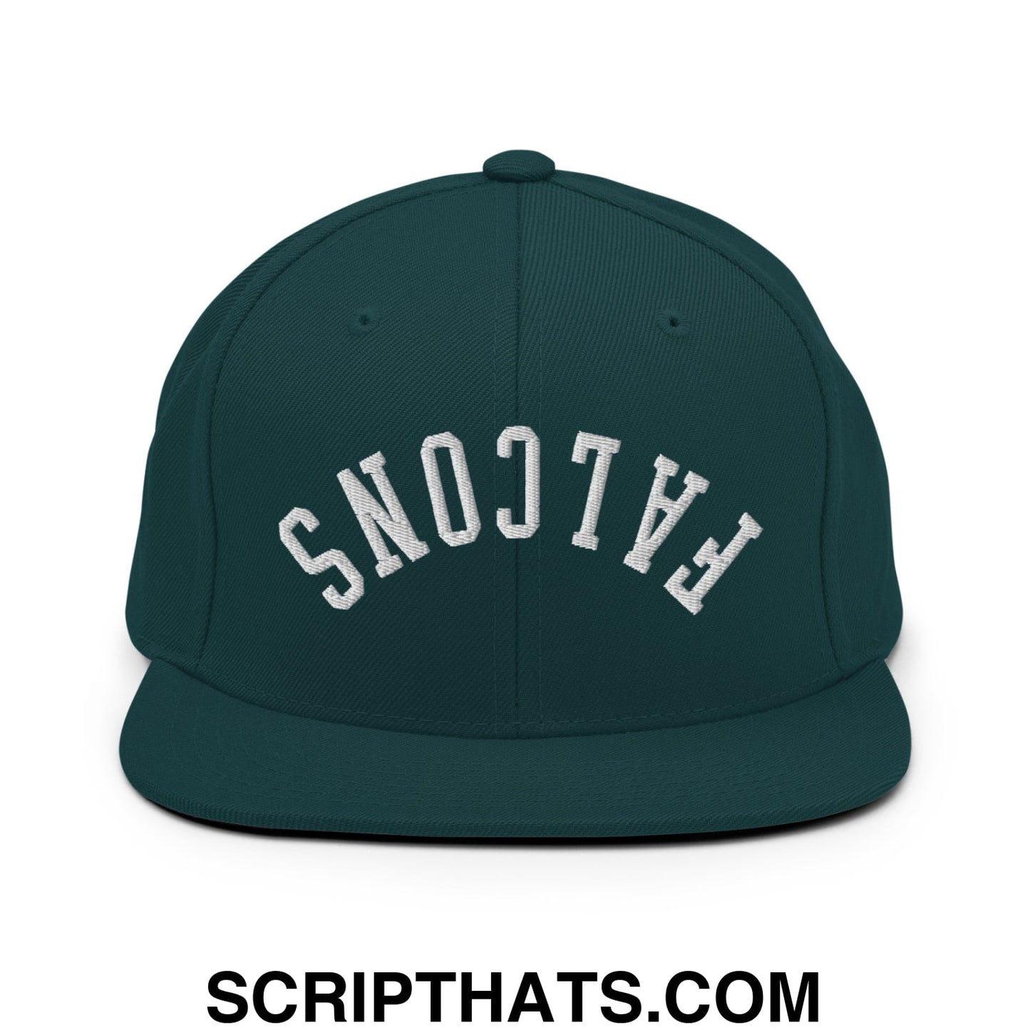 Dark green snapback hat with white embroidered falcons lettering in arched design and flat bill brim