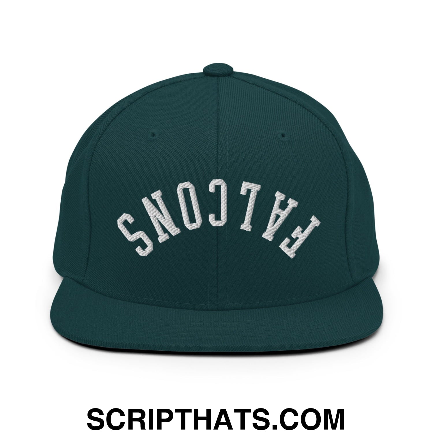 Dark green snapback hat with white embroidered falcons lettering in arched design and flat bill brim
