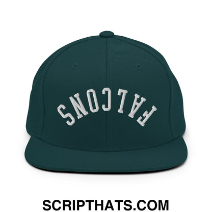 Dark green snapback hat with white embroidered falcons lettering in arched design and flat bill brim