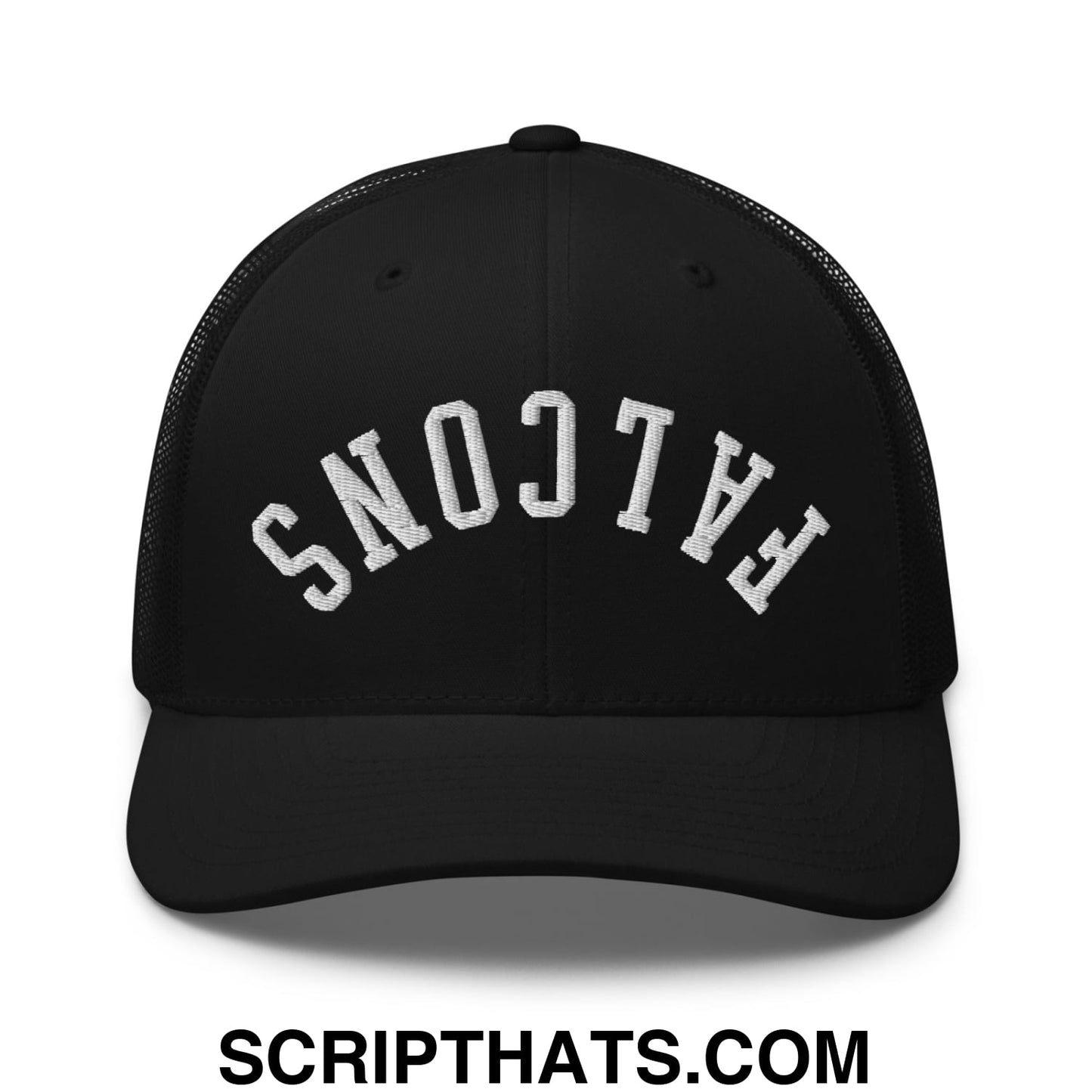 Black mesh trucker hat with white embroidered falcons lettering in an arched design titled upside down falcons