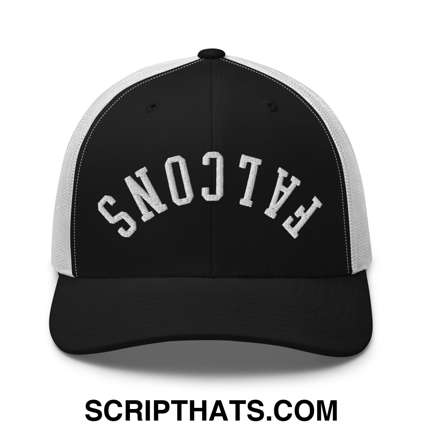 Black and white mesh trucker hat with upside down falcons embroidered in textured silver thread across the front