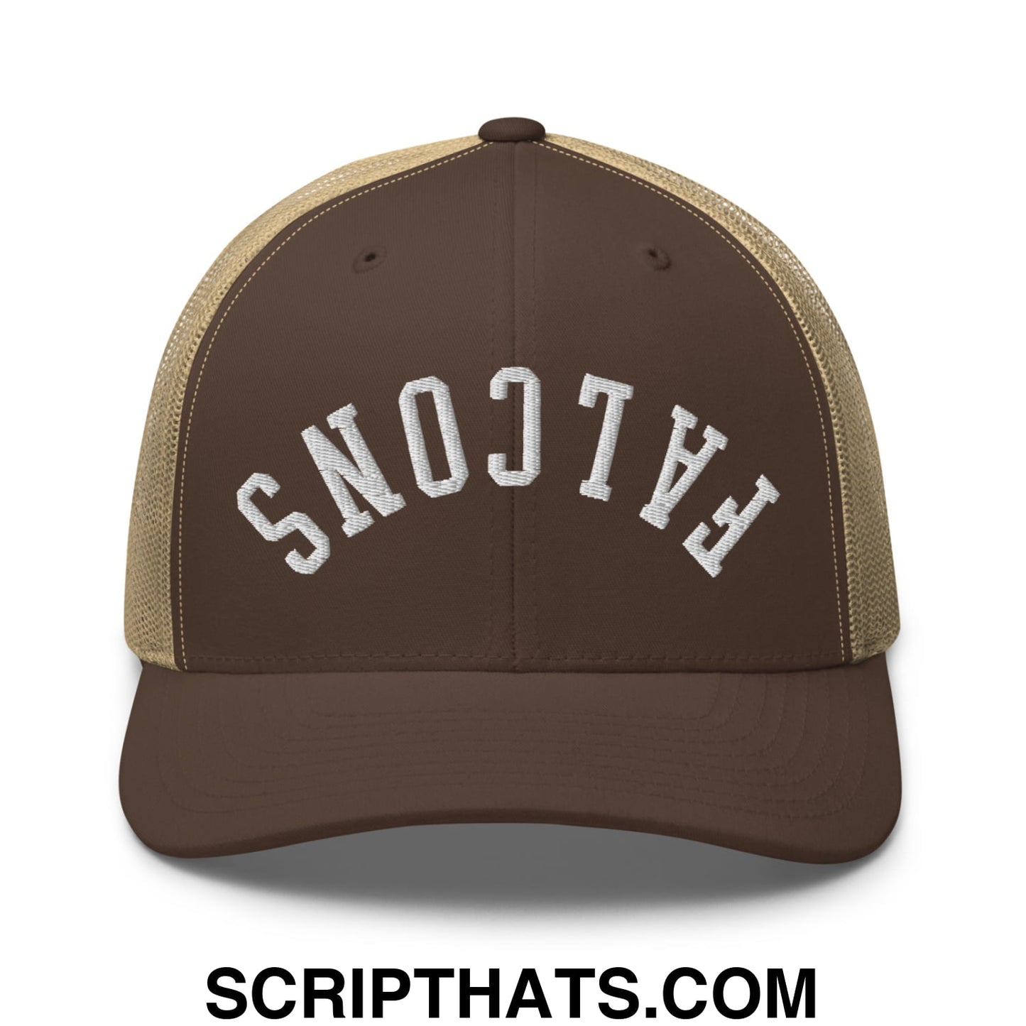 Brown and tan mesh trucker hat with white embroidered falcons lettering on the front in upside down style