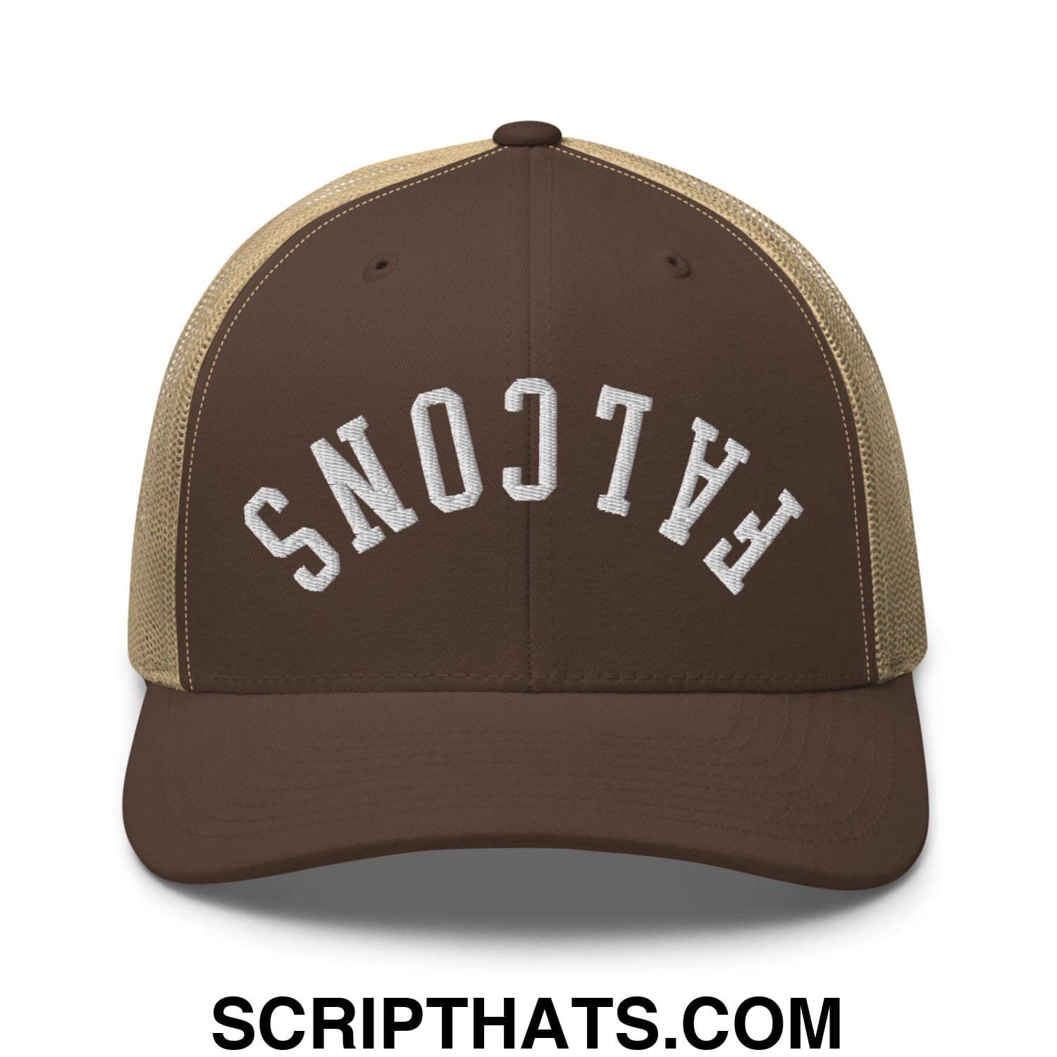 Brown and tan mesh trucker hat with white embroidered falcons lettering on the front in upside down style