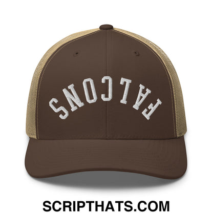 Brown and tan mesh trucker hat with white embroidered falcons lettering on the front in upside down style