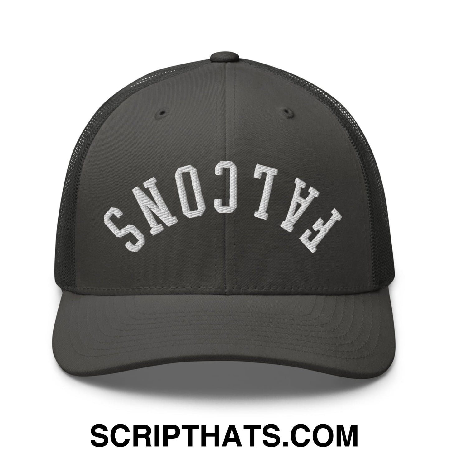 Dark gray mesh trucker hat with white embroidered falcons lettering in an arched design for casual wear