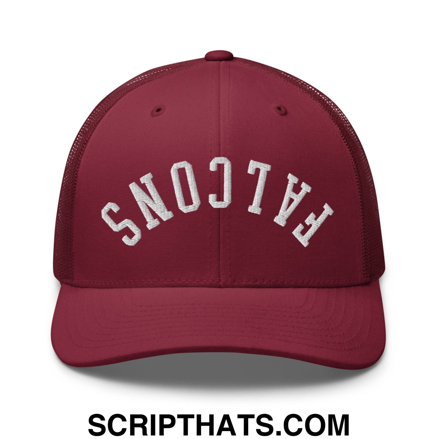 Maroon mesh trucker hat with white embroidered falcons lettering across the front in upside down style