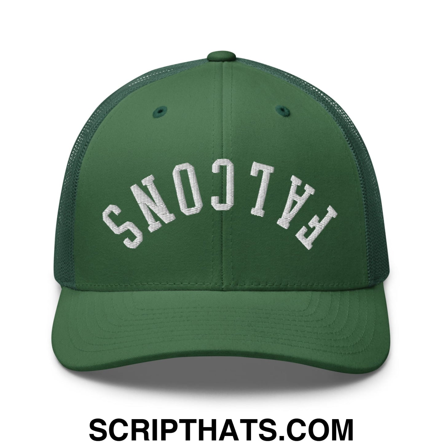 Dark green mesh trucker hat with white embroidered falcons lettering across the front upside down design