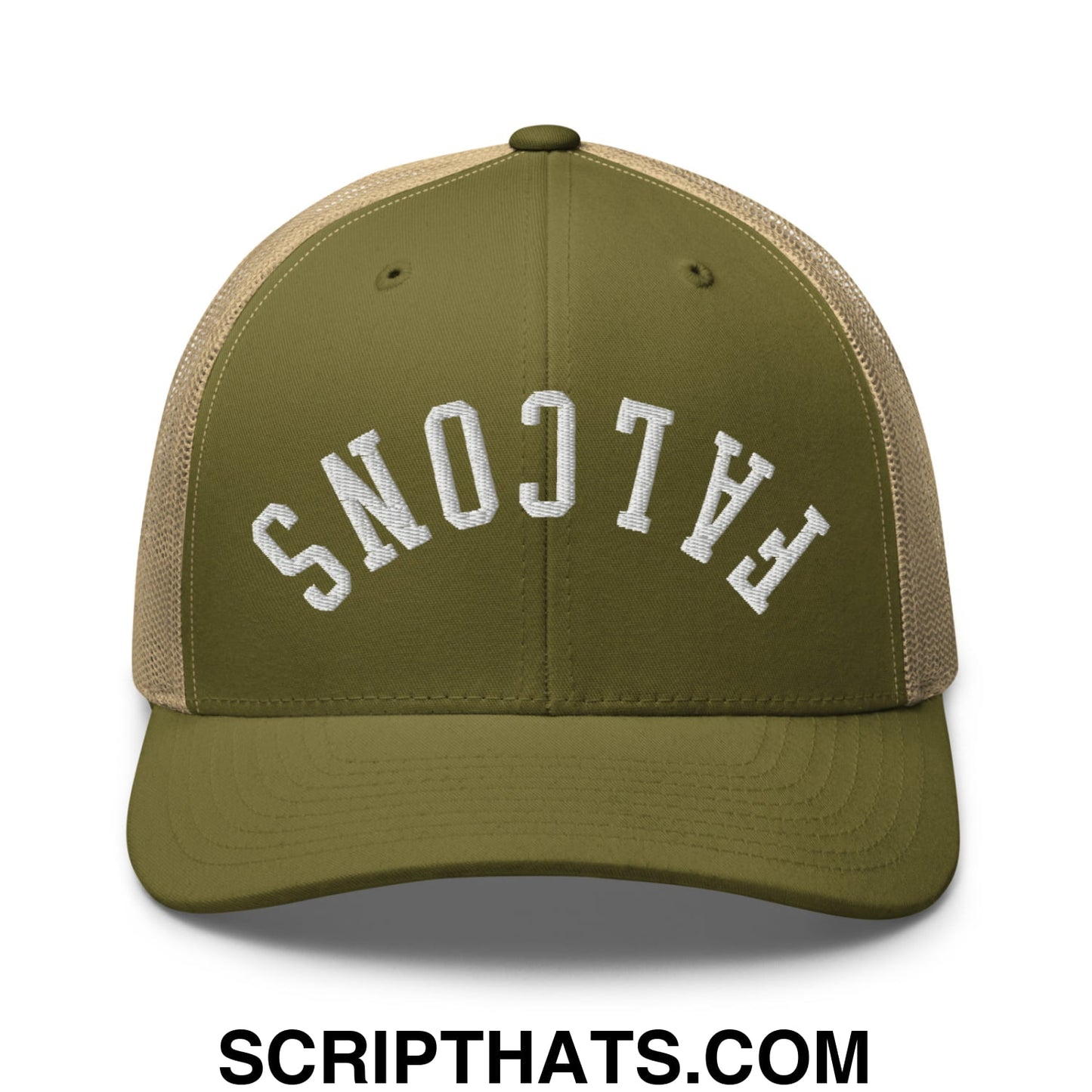 Olive green and tan mesh trucker hat with white embroidered falcons lettering and upside down design