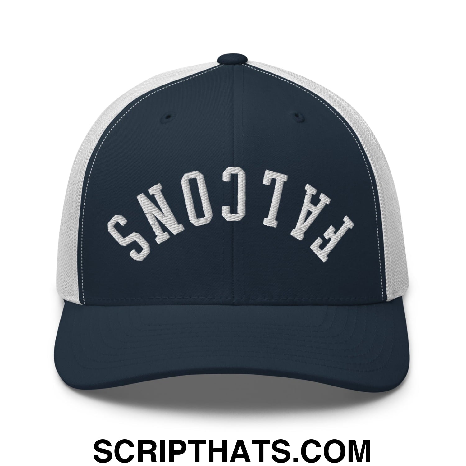 Navy blue and white mesh trucker hat with upside down falcons embroidered in textured silver thread on front