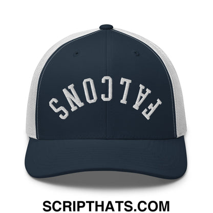 Navy blue and white mesh trucker hat with upside down falcons embroidered in textured silver thread on front
