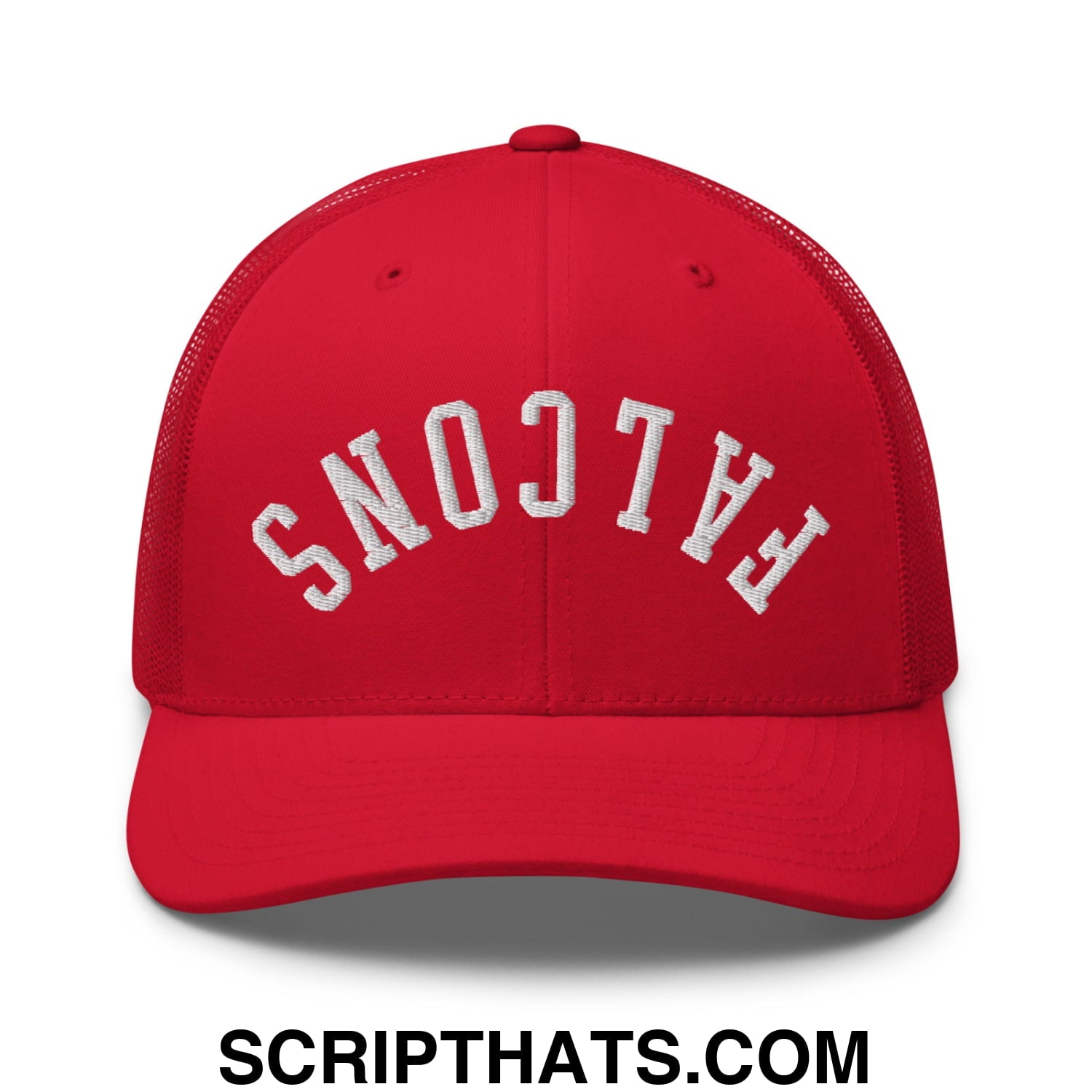 Red mesh trucker hat with white embroidered falcons lettering across the front in upside down design