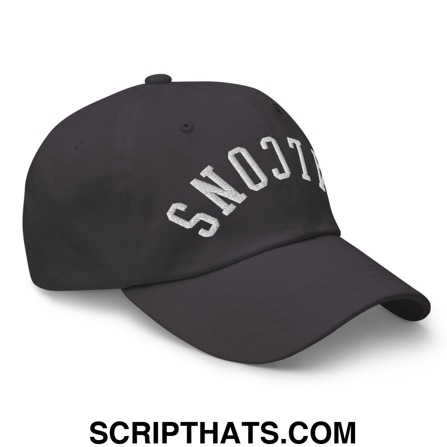 Black unstructured dad hat with white embroidered snooty lettering in arched design from upside down falcons