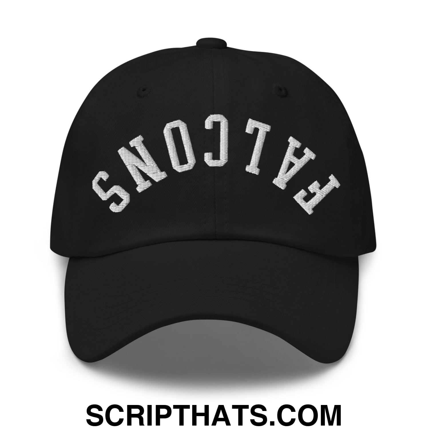 Black unstructured dad hat with white embroidered falcons lettering in an arched design front view