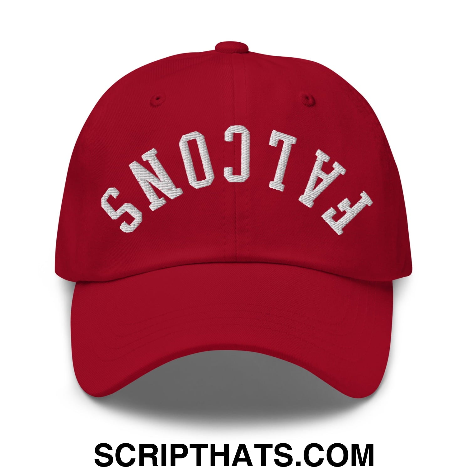 Red unstructured dad hat with white embroidered falcons lettering in an arched design