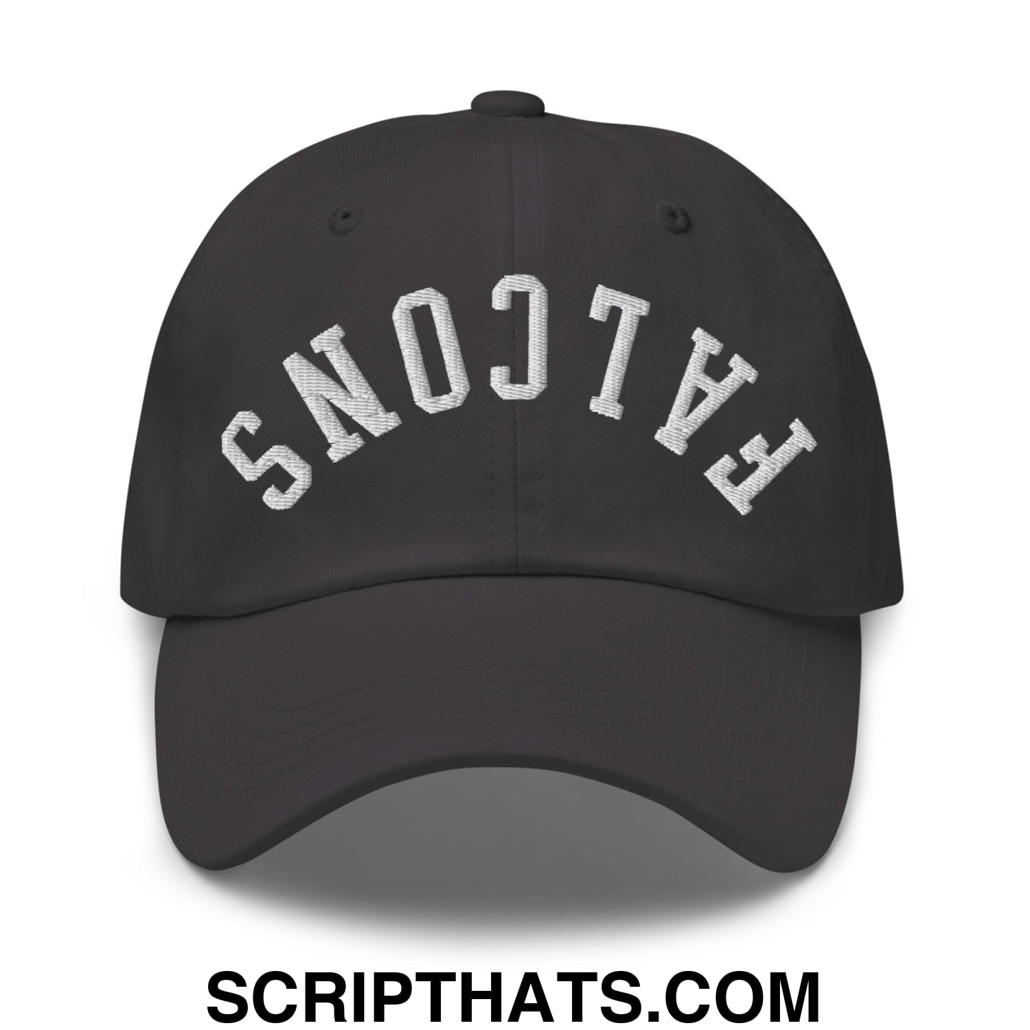 Black upside down falcons embroidered unstructured dad hat with white arched lettering on front panel