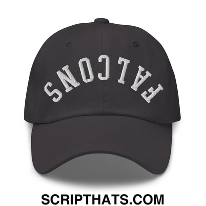 Black upside down falcons embroidered unstructured dad hat with white arched lettering on front panel