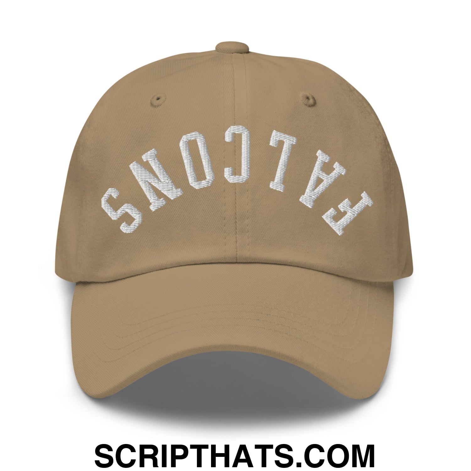 Beige unstructured dad hat with white arched falcons embroidery on front ideal for casual wear