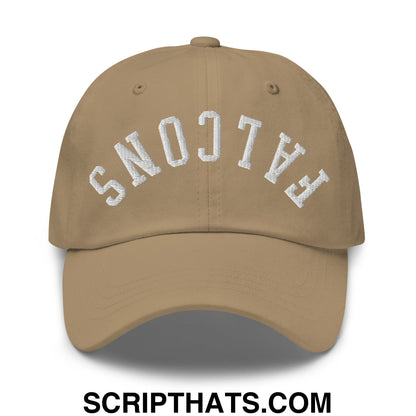 Beige unstructured dad hat with white arched falcons embroidery on front ideal for casual wear