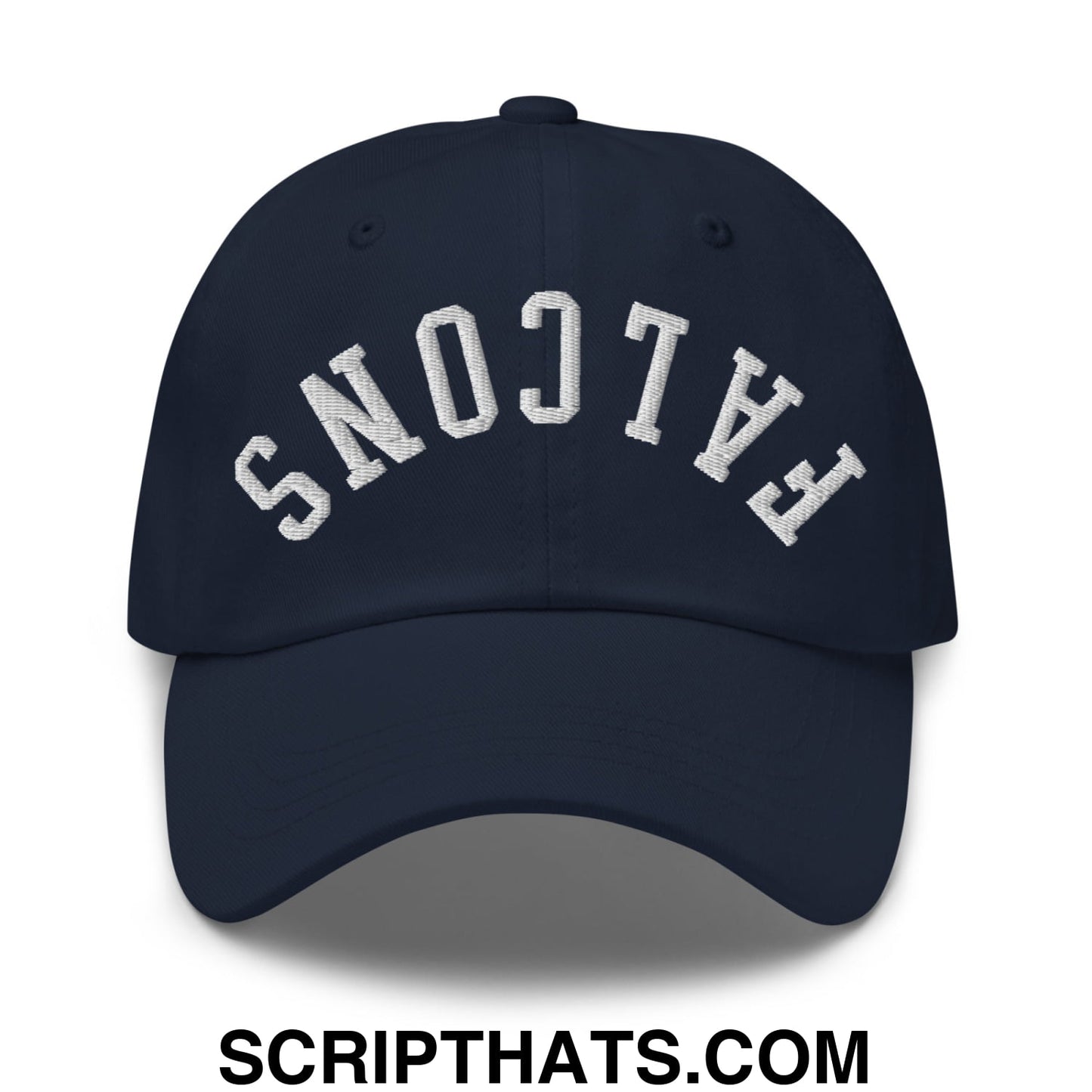 Navy blue unstructured dad hat with white arched falcons embroidery featuring upside down design