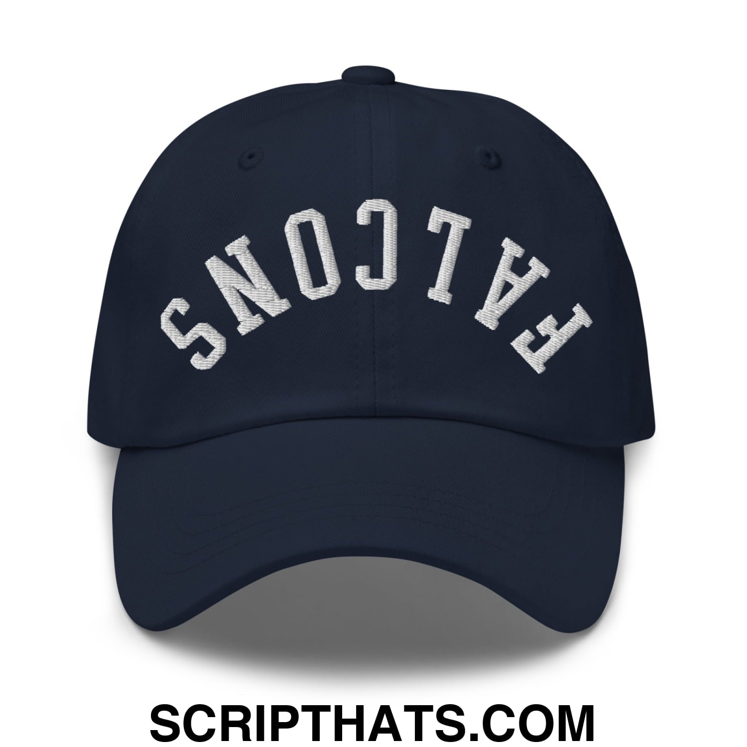 Navy blue unstructured dad hat with white arched falcons embroidery featuring upside down design