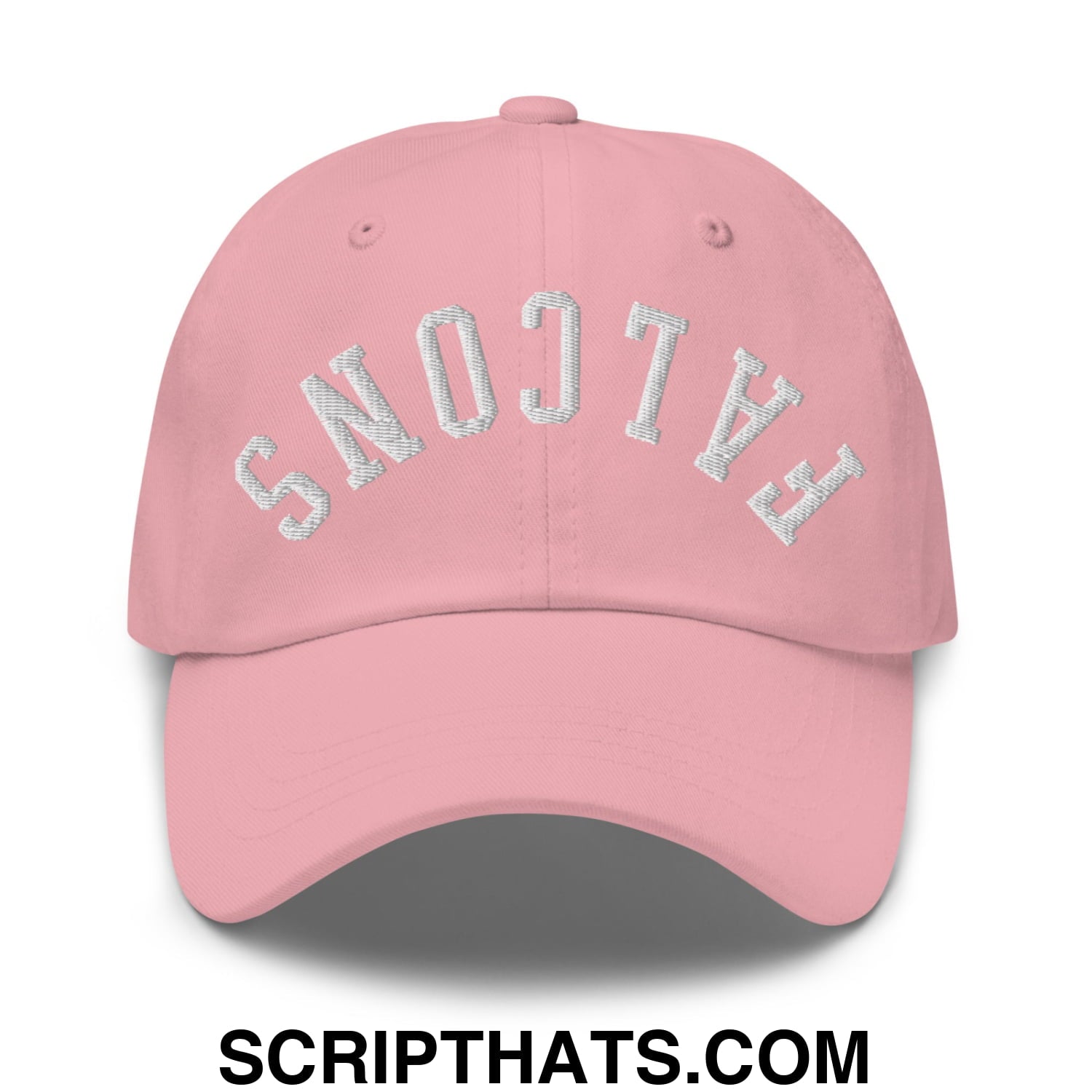 A soft pink unstructured dad hat with upside down falcons embroidered in curved silver thread across the front