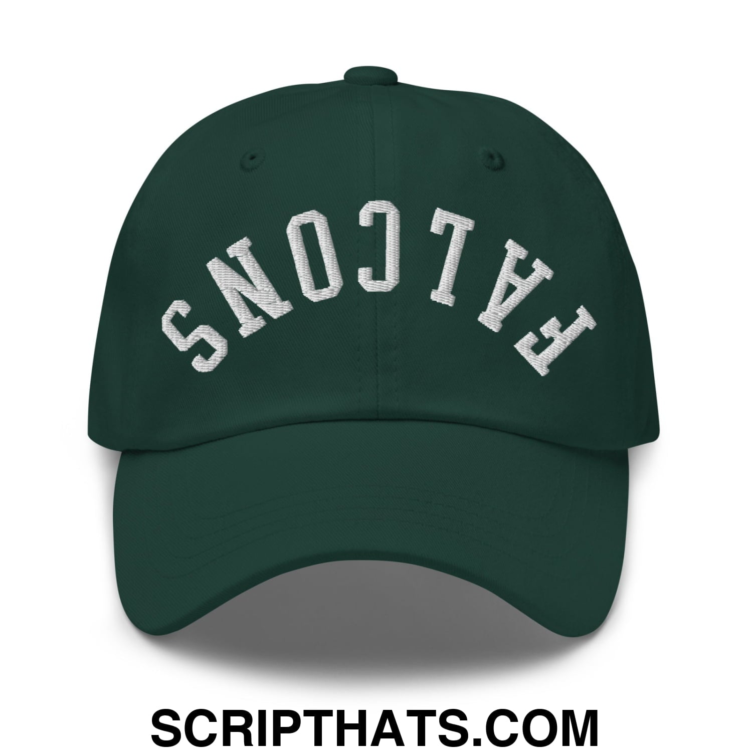 Dark green unstructured dad hat with white embroidered falcons lettering in an arched design