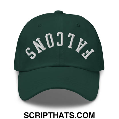 Dark green unstructured dad hat with white embroidered falcons lettering in an arched design