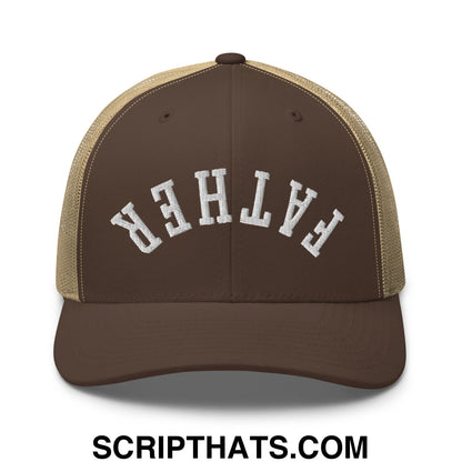 Upside Down Father Embroidered Mesh Trucker Hat Brown Khaki