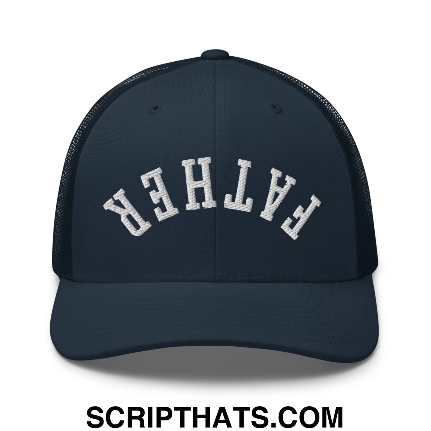Upside Down Father Embroidered Mesh Trucker Hat Navy