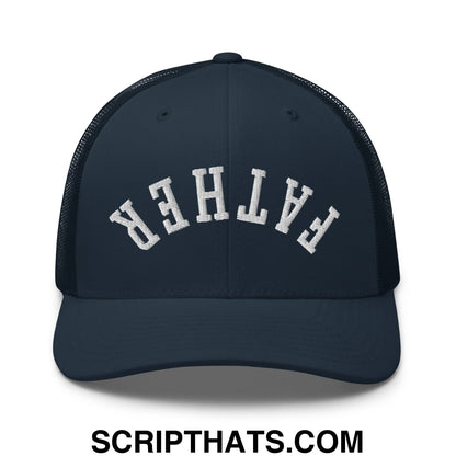 Upside Down Father Embroidered Mesh Trucker Hat Navy