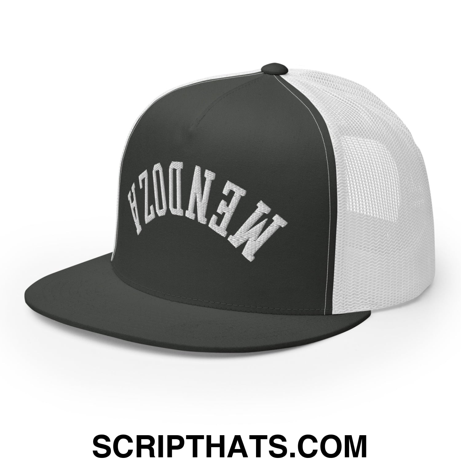Upside Down Fernando Mendoza 2026 Raiders Draft Day Embroidered Mesh Flat Bill Brim Trucker Hat Charcoal White