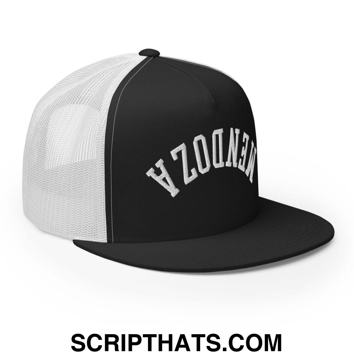 Upside Down Fernando Mendoza 2026 Raiders Draft Day Embroidered Mesh Flat Bill Brim Trucker Hat Black White