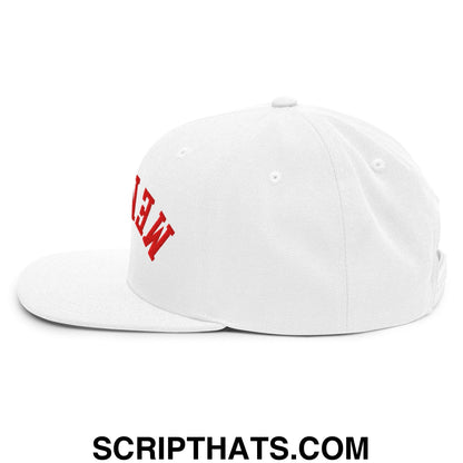 White flat bill snapback hat with red embroidered upside down fernando mendoza football lettering on the side