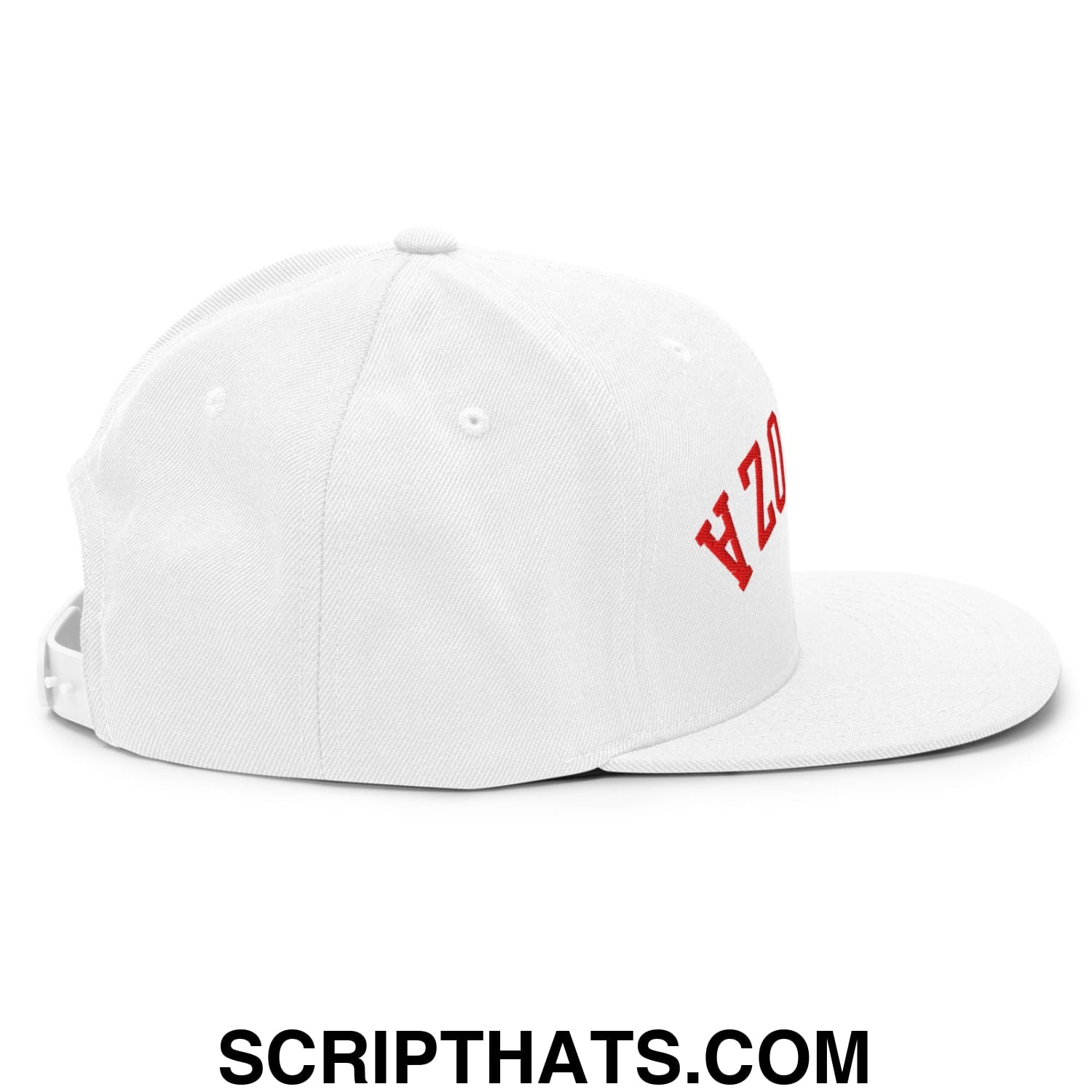 White snapback cap with red embroidered vzo lettering on the side from the upside down fernando mendoza football collection