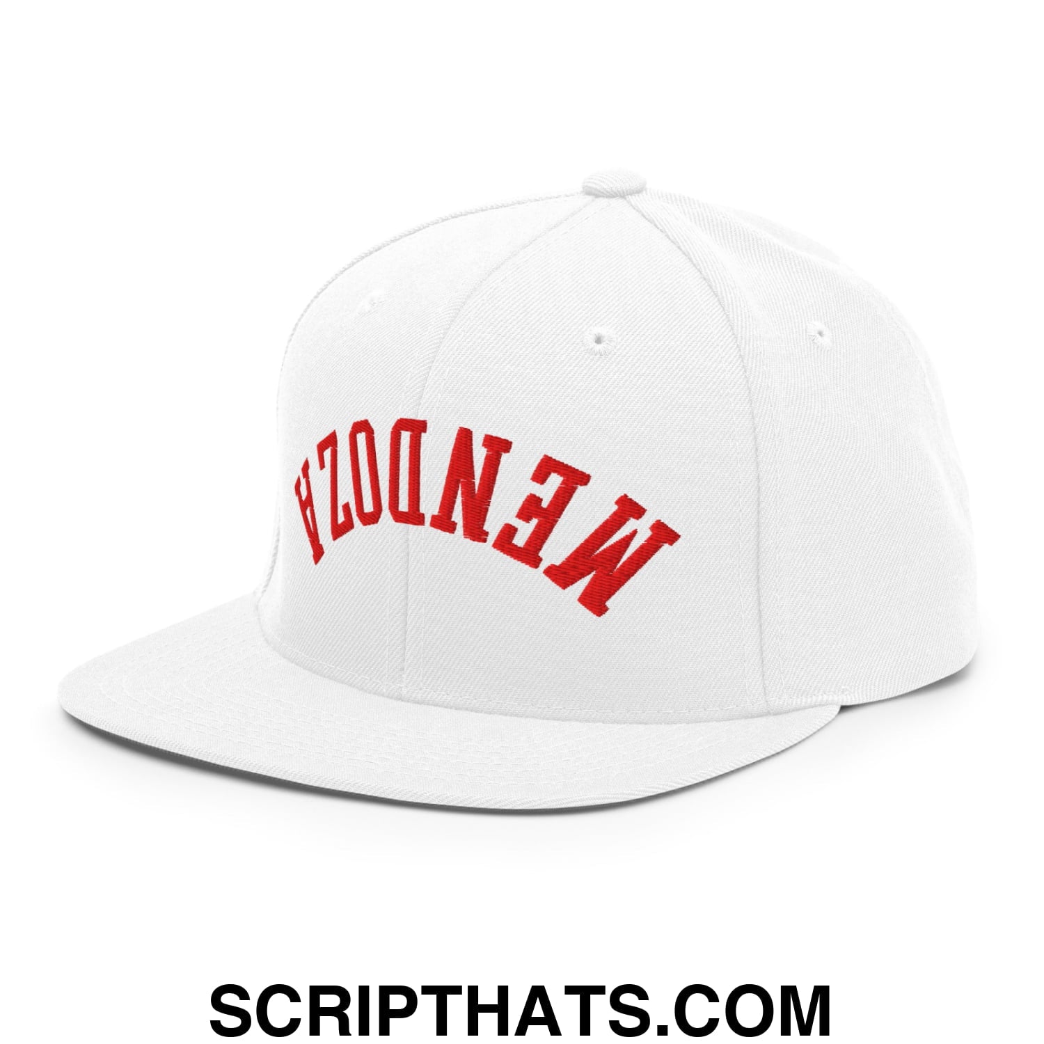 White snapback cap with red mendoza embroidered lettering and flat bill brim in the upside down Fernando Mendoza design