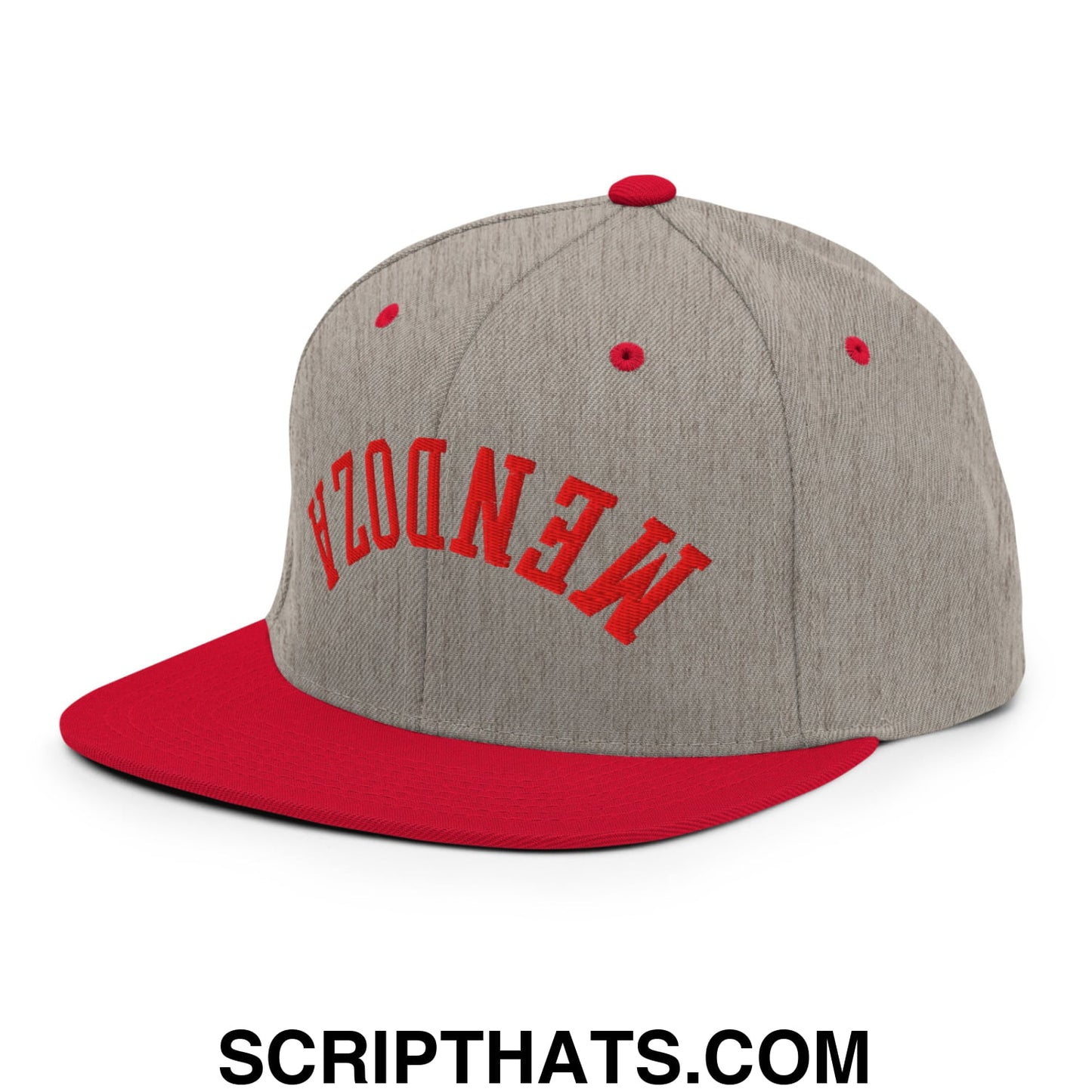 Gray and red snapback cap with mendoza embroidered in bold red on front flat bill brim for football fans
